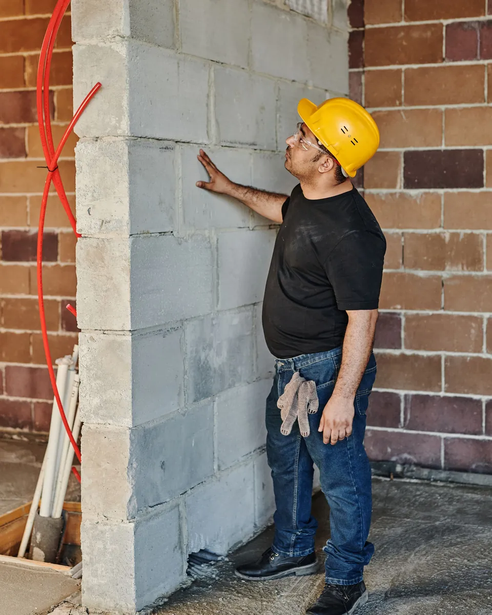 Contractor in a yellow hard hat checking a new cinder block wall on a job site