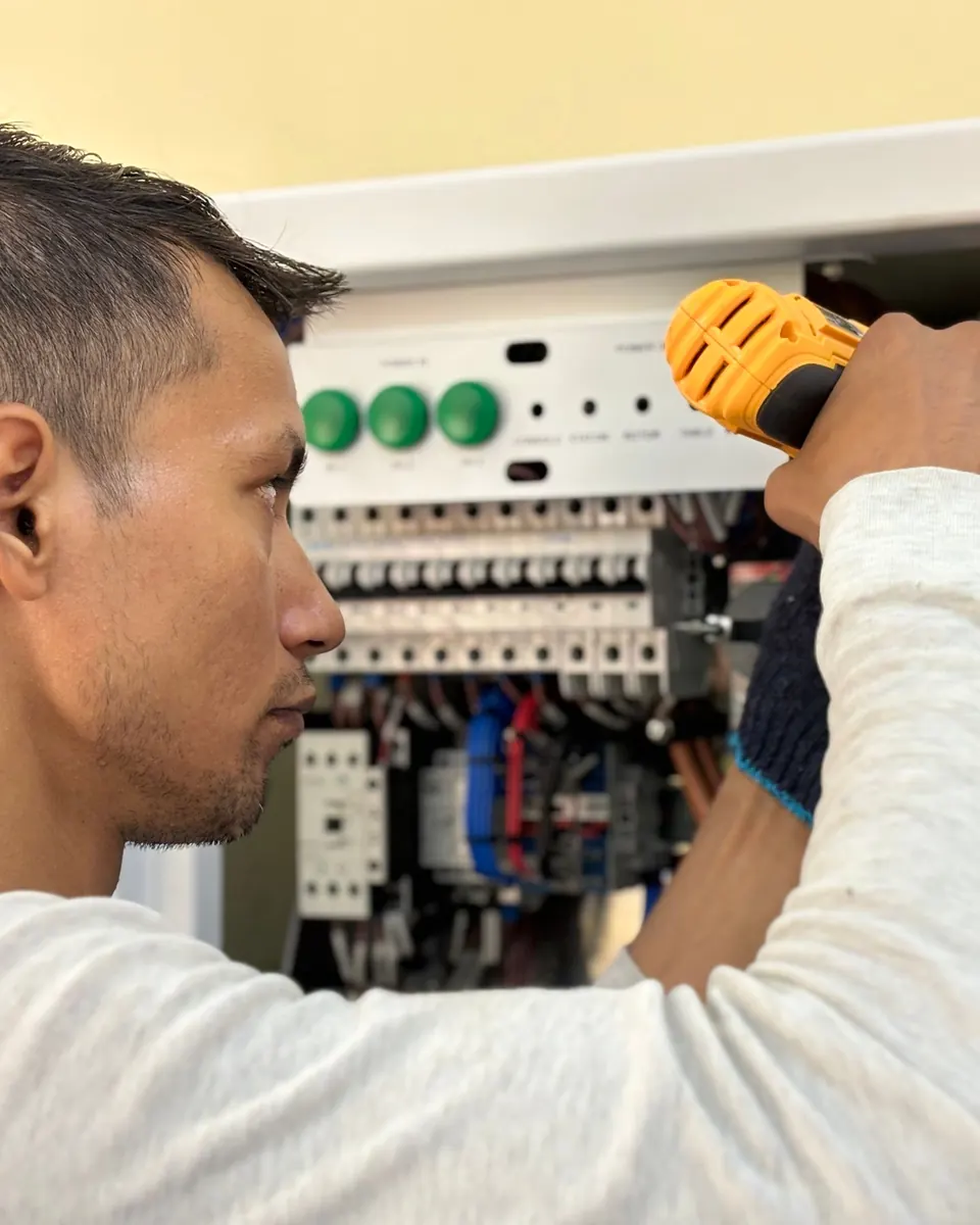 Electrician with a cordless drill working on breakers inside an open electrical panel