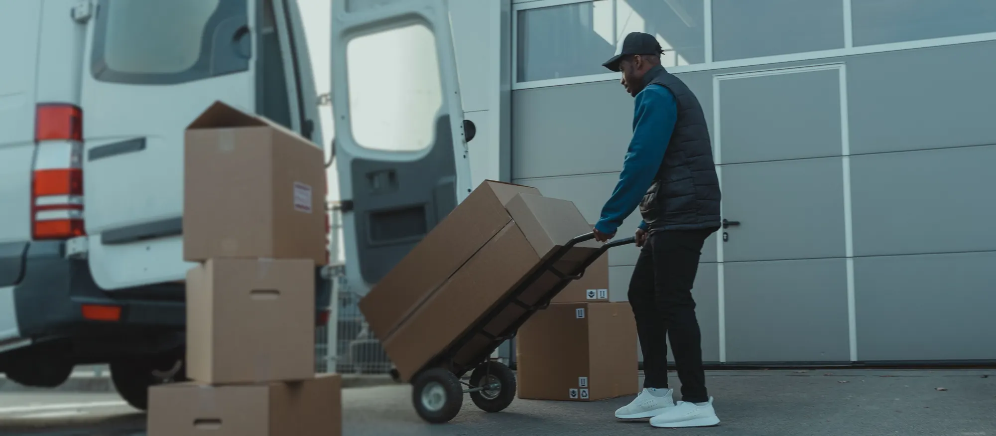 Delivery driver loading packages onto a hand truck behind open van doors at a warehouse