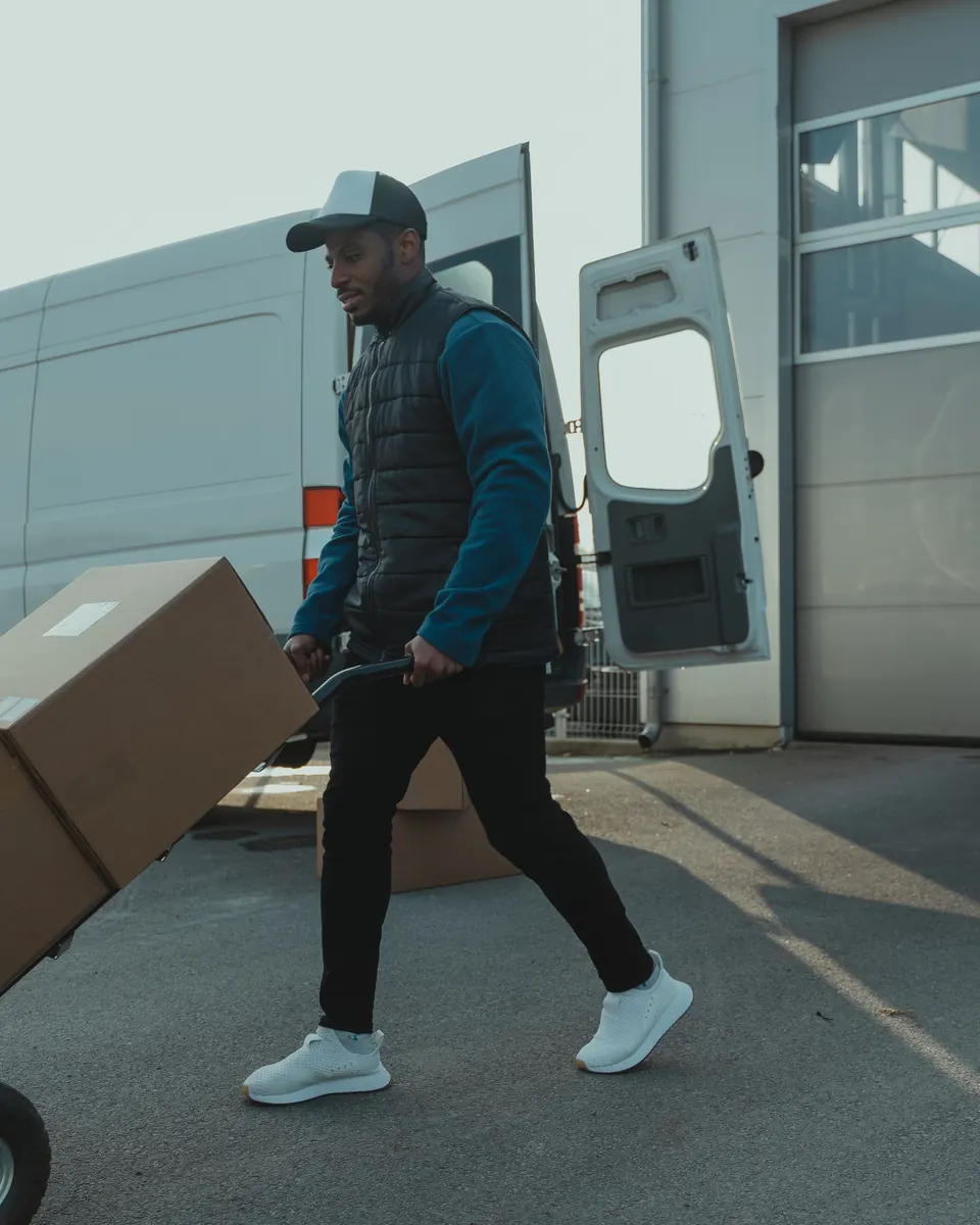 Delivery driver wheeling a hand truck stacked with boxes away from his white cargo van