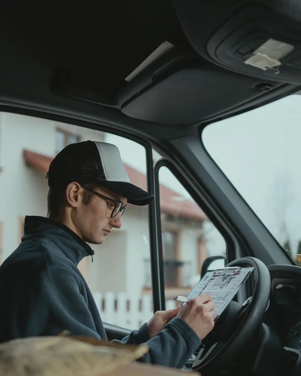 Delivery driver in a cap and glasses filling out route paperwork on a clipboard in the cab of his van