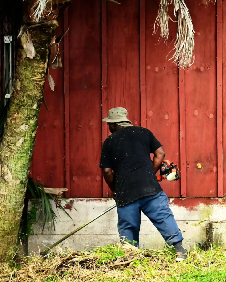 Lawn care worker in a bucket hat edging tall grass with a string trimmer along a red wooden building