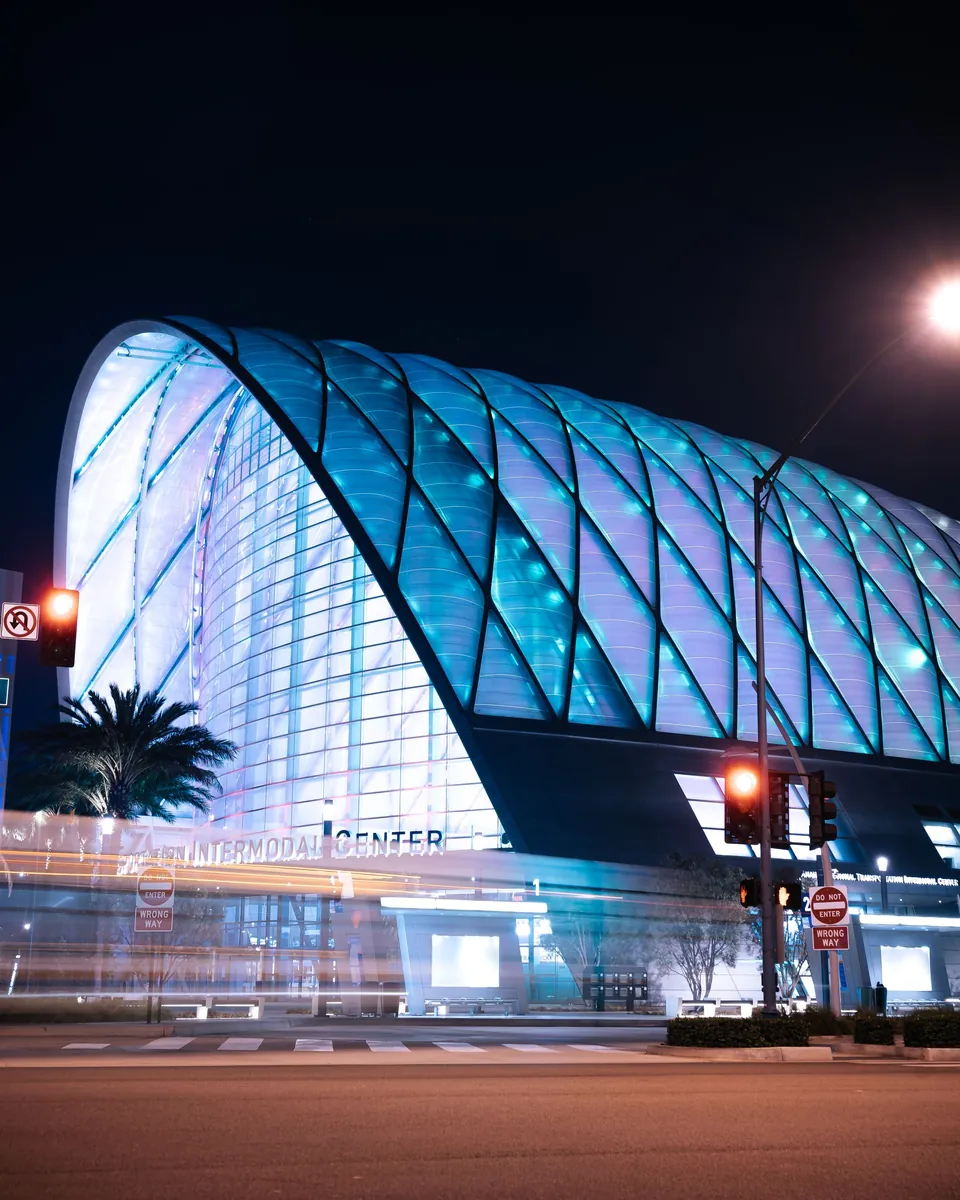 Anaheim Regional Transportation Intermodal Center lit up at night in Anaheim, CA