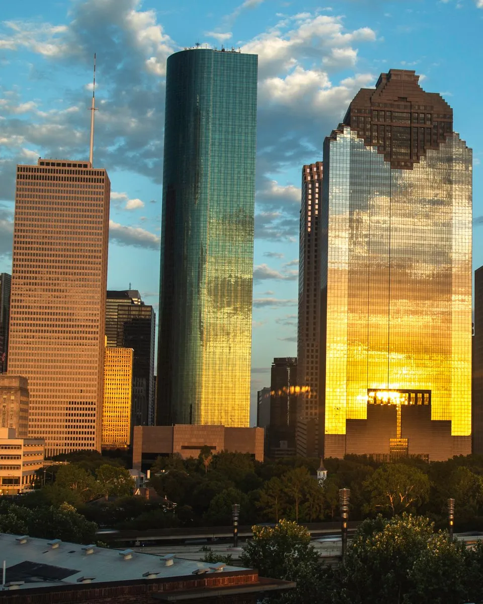 Downtown Houston towers catching late-afternoon sun